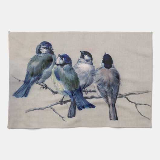  blauwe grijze Waterverf vogels Theedoek (Horizontaal)