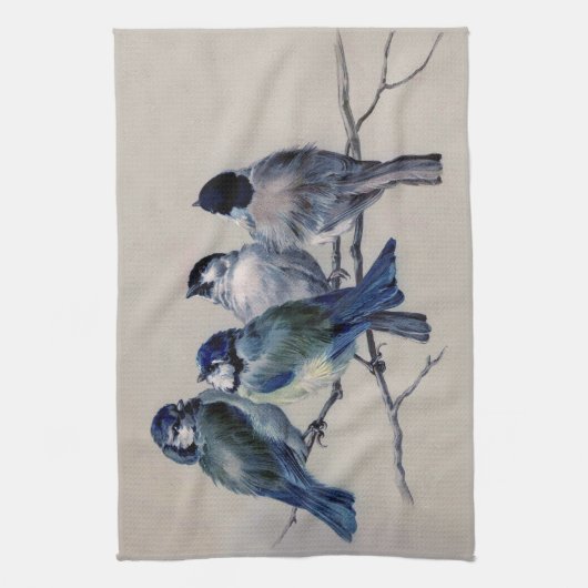  blauwe grijze Waterverf vogels Theedoek (Verticaal)