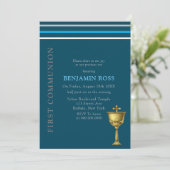 Blauwe grijze witte goudrijst Eerste Communie Kaart (Staand voorkant)