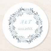 Blauwe grijze witte monogram Floral bruiloft Ronde Kartonnen Onderzetter (Voorkant)
