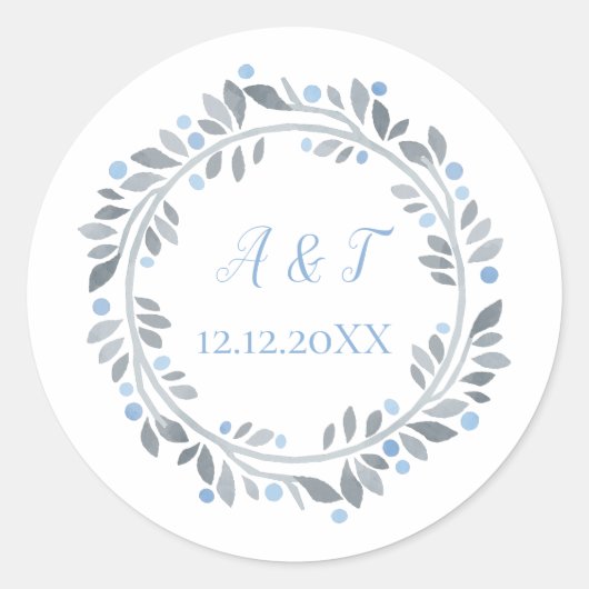 Blauwe grijze witte monogram Floral bruiloft Ronde Sticker (Voorkant)