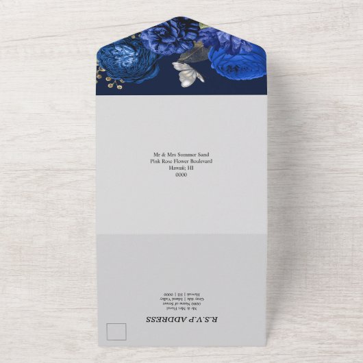 Blauwe grijze zilverkleurige roos elegant vlinderg all in one uitnodiging (Buitenkant)