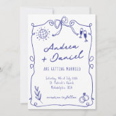 Blauwe grillige eigenzinnige hand getrokken bruilo kaart (Voorkant)