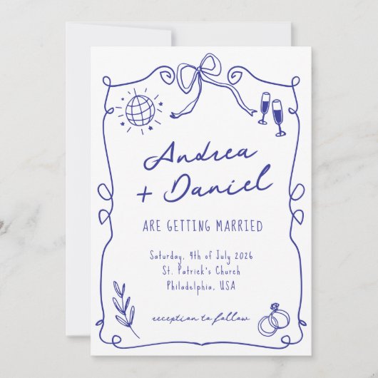 Blauwe grillige eigenzinnige hand getrokken bruilo kaart (Voorkant)