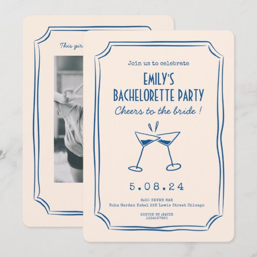 Blauwe grillige funky vrijgezellenfeest kaart (Voorkant / Achterkant)