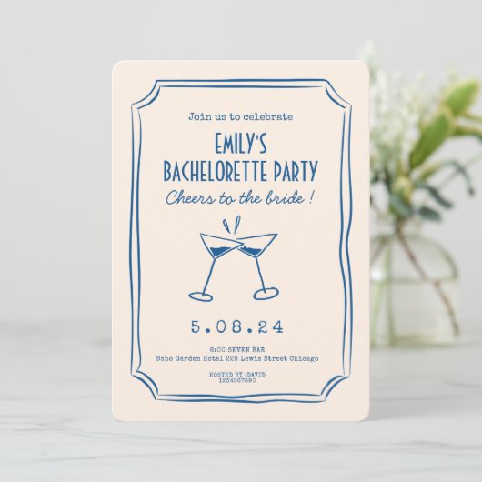 Blauwe grillige funky vrijgezellenfeest kaart (Staand voorkant)