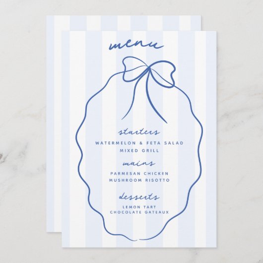 Blauwe grillige Hand getrokken Bow Wedding Menu (Voorkant / Achterkant)