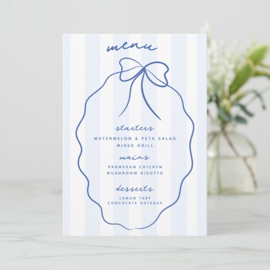 Blauwe grillige Hand getrokken Bow Wedding Menu (Staand voorkant)