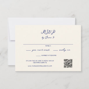 Blauwe grillige handgeschreven bruiloft QR-code RSVP Kaartje