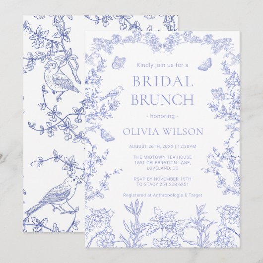 Blauwe grillige Tuin Chinoiserie Bruidsbrunch Kaart (Voorkant / Achterkant)