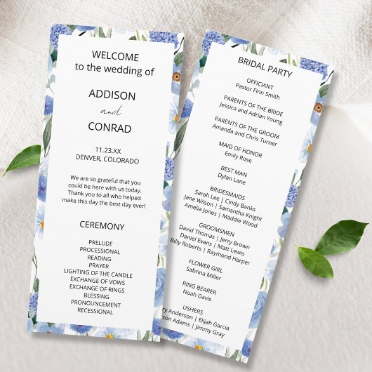 Blauwe grillige Waterverf Botanische bruiloft Programmakaart