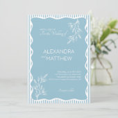 Blauwe grillige Wavy grens bruiloft uitnodiging (Staand voorkant)