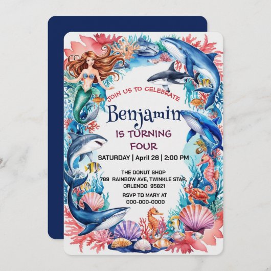 Blauwe grillige zeemeermin vis haai verjaardag (Voorkant / Achterkant)