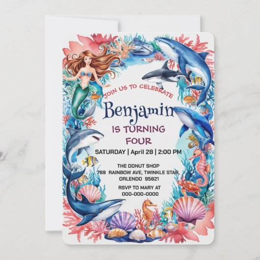 Blauwe grillige zeemeermin vis haai verjaardag (Voorkant)