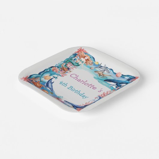 Blauwe grillige zeemeermin vis haai verjaardag papieren bordje (Gebogen)