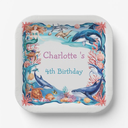 Blauwe grillige zeemeermin vis haai verjaardag papieren bordje (Voorkant)