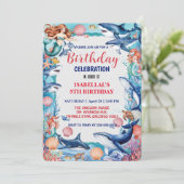 Blauwe grillige zeemeermin vis haai verjaardag save the date (Staand voorkant)