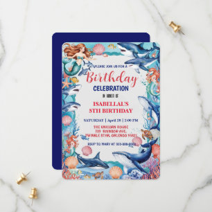 Blauwe grillige zeemeermin vis haai verjaardag save the date