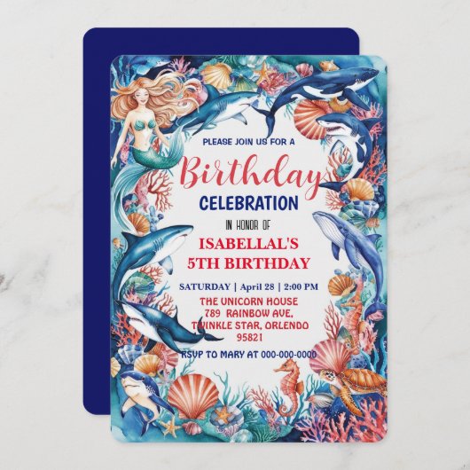 Blauwe grillige zeemeermin vis haai verjaardag save the date (Voorkant / Achterkant)