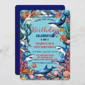 Blauwe grillige zeemeermin vis haai verjaardag save the date (Voorkant / Achterkant)