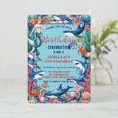 Blauwe grillige zeemeermin vis haai verjaardag save the date (Staand voorkant)