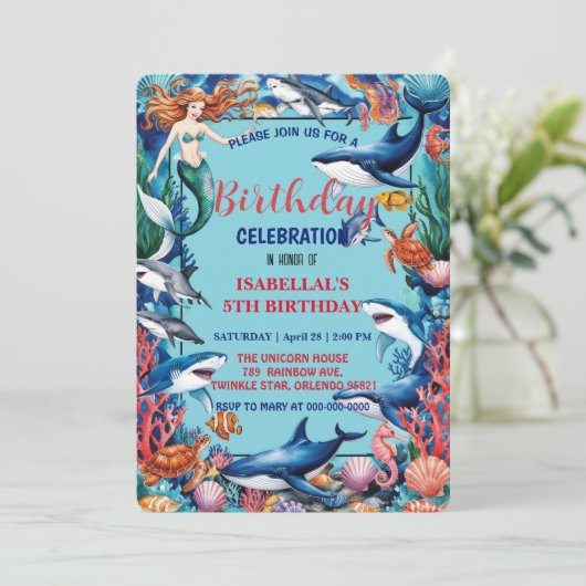 Blauwe grillige zeemeermin vis haai verjaardag save the date (Staand voorkant)