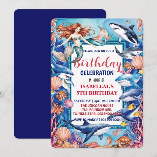 Blauwe grillige zeemeermin vis haai verjaardag save the date (Voorkant / Achterkant)