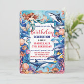 Blauwe grillige zeemeermin vis haai verjaardag save the date (Staand voorkant)