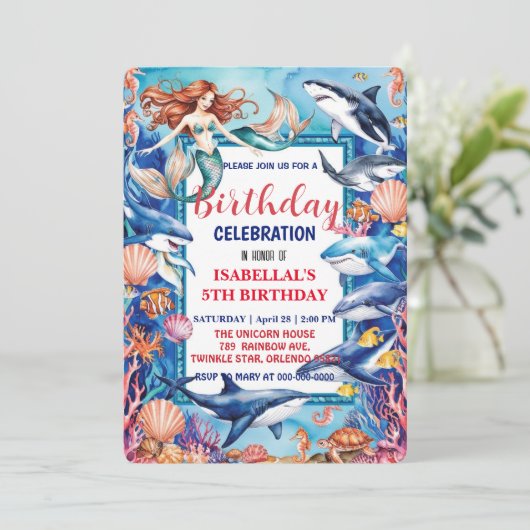 Blauwe grillige zeemeermin vis haai verjaardag save the date (Staand voorkant)