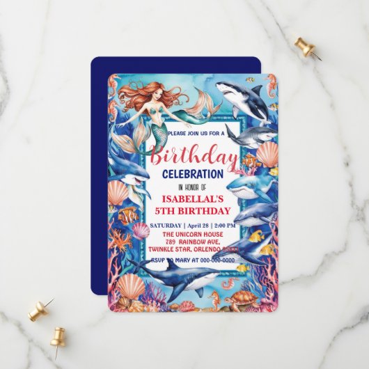 Blauwe grillige zeemeermin vis haai verjaardag save the date (Voorkant / Achterkant in situ)