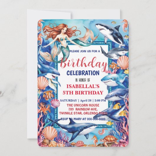 Blauwe grillige zeemeermin vis haai verjaardag save the date (Voorkant)