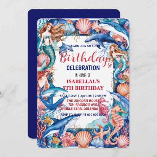 Blauwe grillige zeemeermin vis haai verjaardag save the date (Voorkant / Achterkant)
