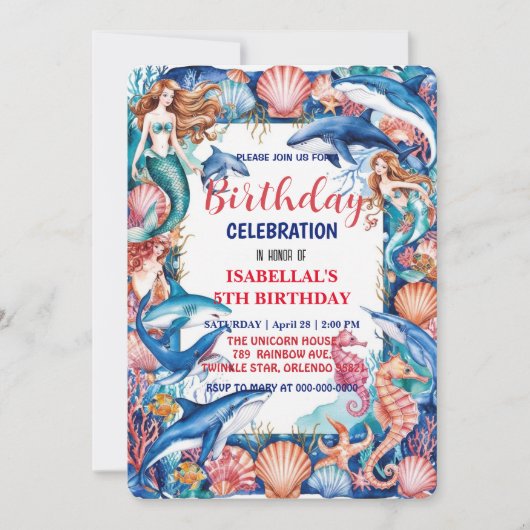 Blauwe grillige zeemeermin vis haai verjaardag save the date (Voorkant)