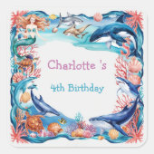 Blauwe grillige zeemeermin vis haai verjaardag vierkante sticker (Voorkant)