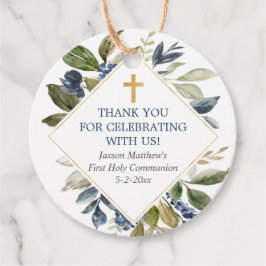 Blauwe groenblaasgoud eerste communiqué baptisme bedankjes labels