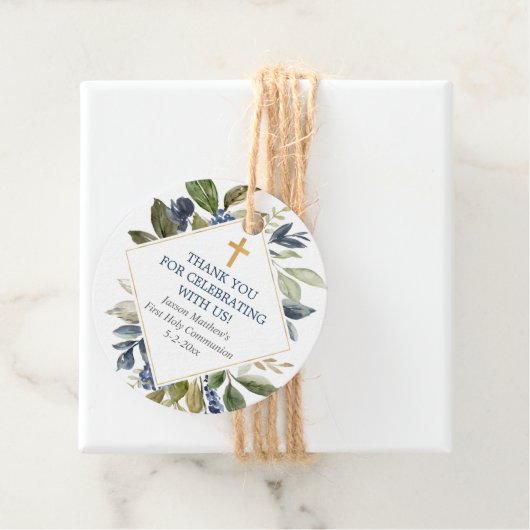 Blauwe groenblaasgoud eerste communiqué baptisme bedankjes labels (In situ)