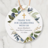 Blauwe groenblaasgoud eerste communiqué baptisme bedankjes labels (Voorkant)