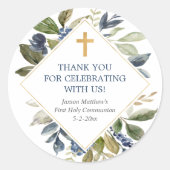 Blauwe groenblaasgoud eerste communiqué baptisme ronde sticker (Voorkant)