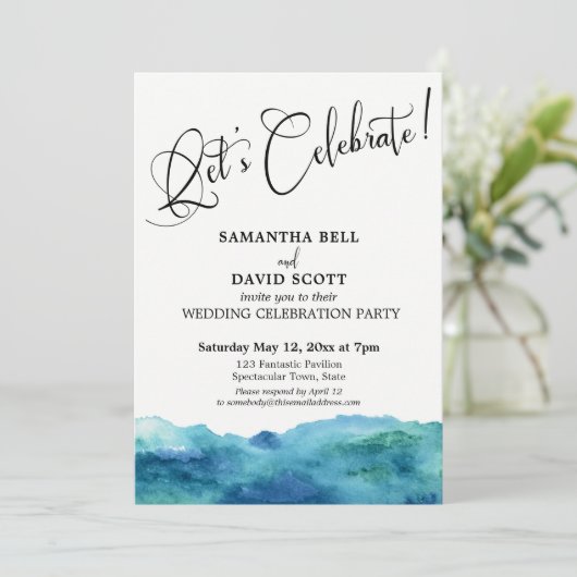 Blauwe groene Aqua Waterverf Modern Laten we viere Kaart (Staand voorkant)