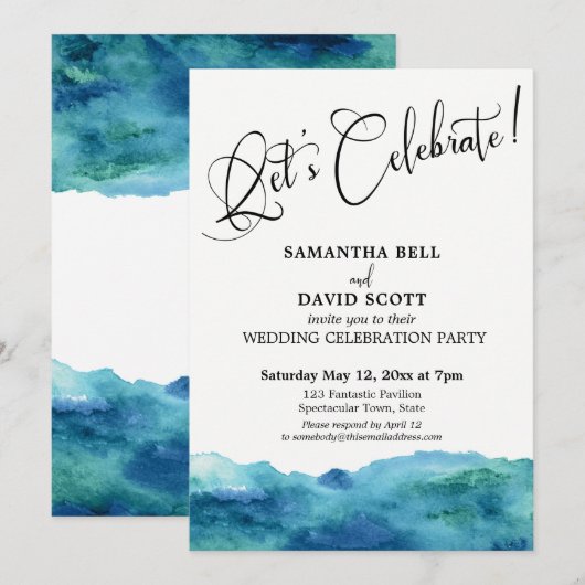 Blauwe groene Aqua Waterverf Modern Laten we viere Kaart (Voorkant / Achterkant)
