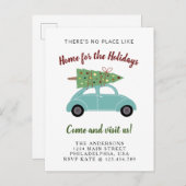 Blauwe groene auto met kerstboomvakantie aankondigingskaart (Voorkant / Achterkant)