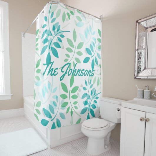 Blauwe groene bladeren douchegordijn (In situ)