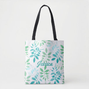 Blauwe groene bladeren tote bag