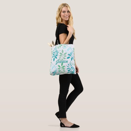 Blauwe groene bladeren tote bag (Op model)