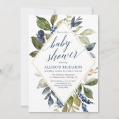 Blauwe groene bladerzoen baby shower geometrisch kaart (Voorkant)