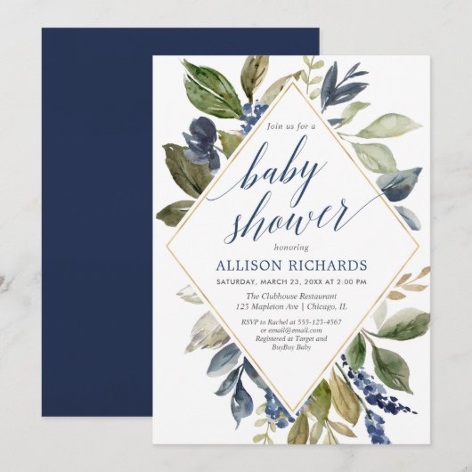 Blauwe groene bladerzoen baby shower geometrisch kaart (Voorkant / Achterkant)
