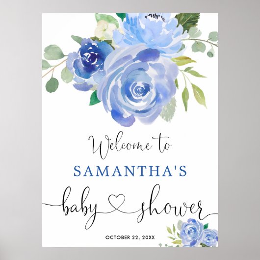 Blauwe groene bloem baby shower welkom bord poster (Voorkant)