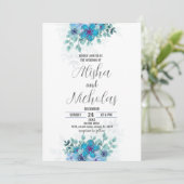 Blauwe Groene Bloem Bruiloft Uitnodigingen (Staand voorkant)