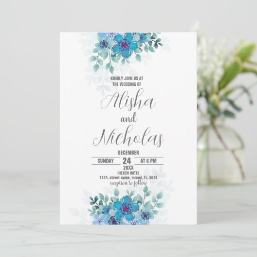 Blauwe Groene Bloem Bruiloft Uitnodigingen (Staand voorkant)
