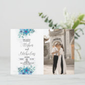 Blauwe Groene Bloem Bruiloft Uitnodigingen met fot (Staand voorkant)